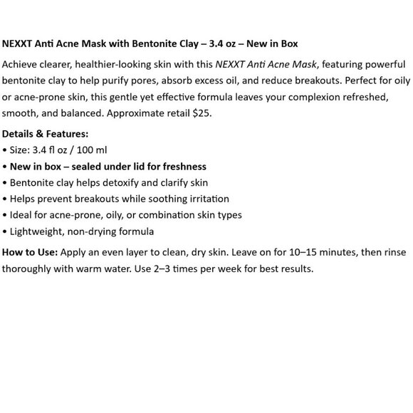 NEXXT Anti Acne Mask with Bentonite Clay – 3.4 oz – New in Box - Picture 2 of 4